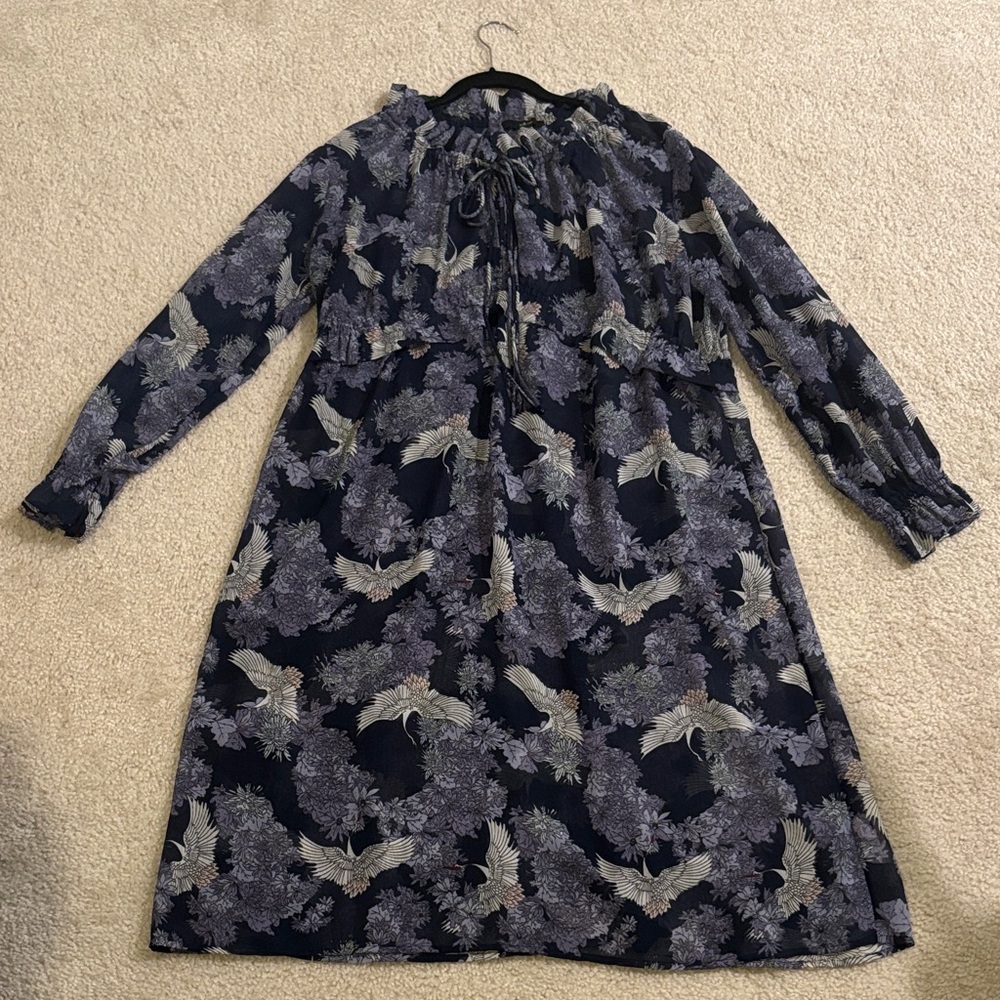 Ellos Navy Floral & White Crane Print Long Sleeve Dress